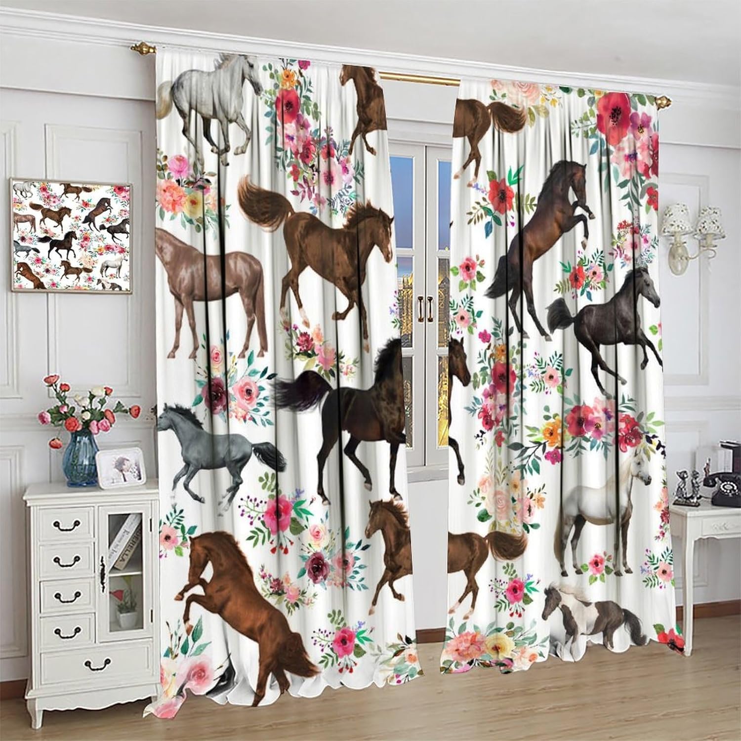 Girls Horse Blackout Curtains with Pink Flower Design