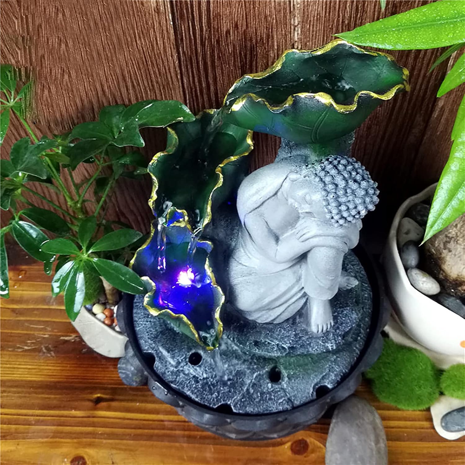 Indoor Buddha Waterfall Fountain with LED Lights and Soothing Sound for Home Office Decor