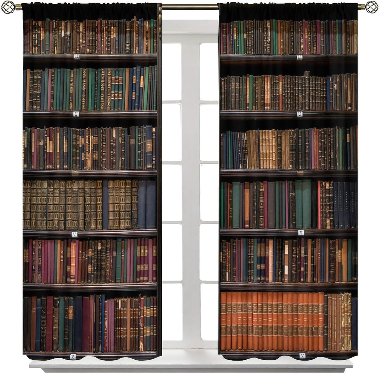 Bookshelf Curtains Vintage Library with Books Window Treatments for Kids Bedroom