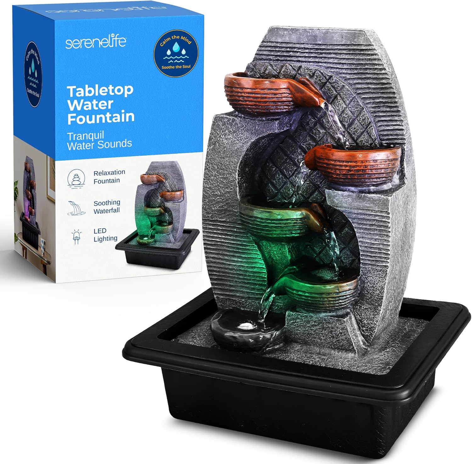 SereneLife Tabletop Water Fountain Zen Relaxing Decor for Meditation and Stress Relief