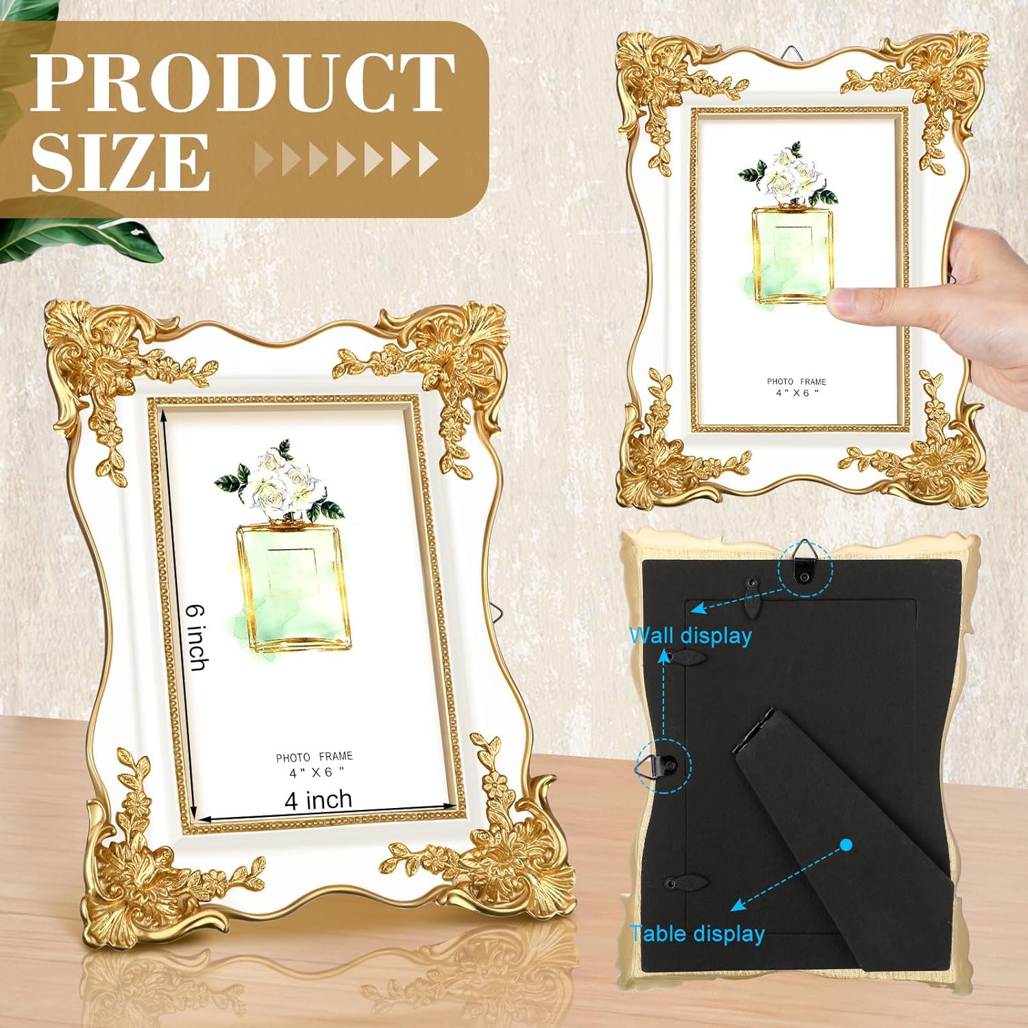 3 Pcs Vintage Gold Trim Photo Frames with Easel and Hooks