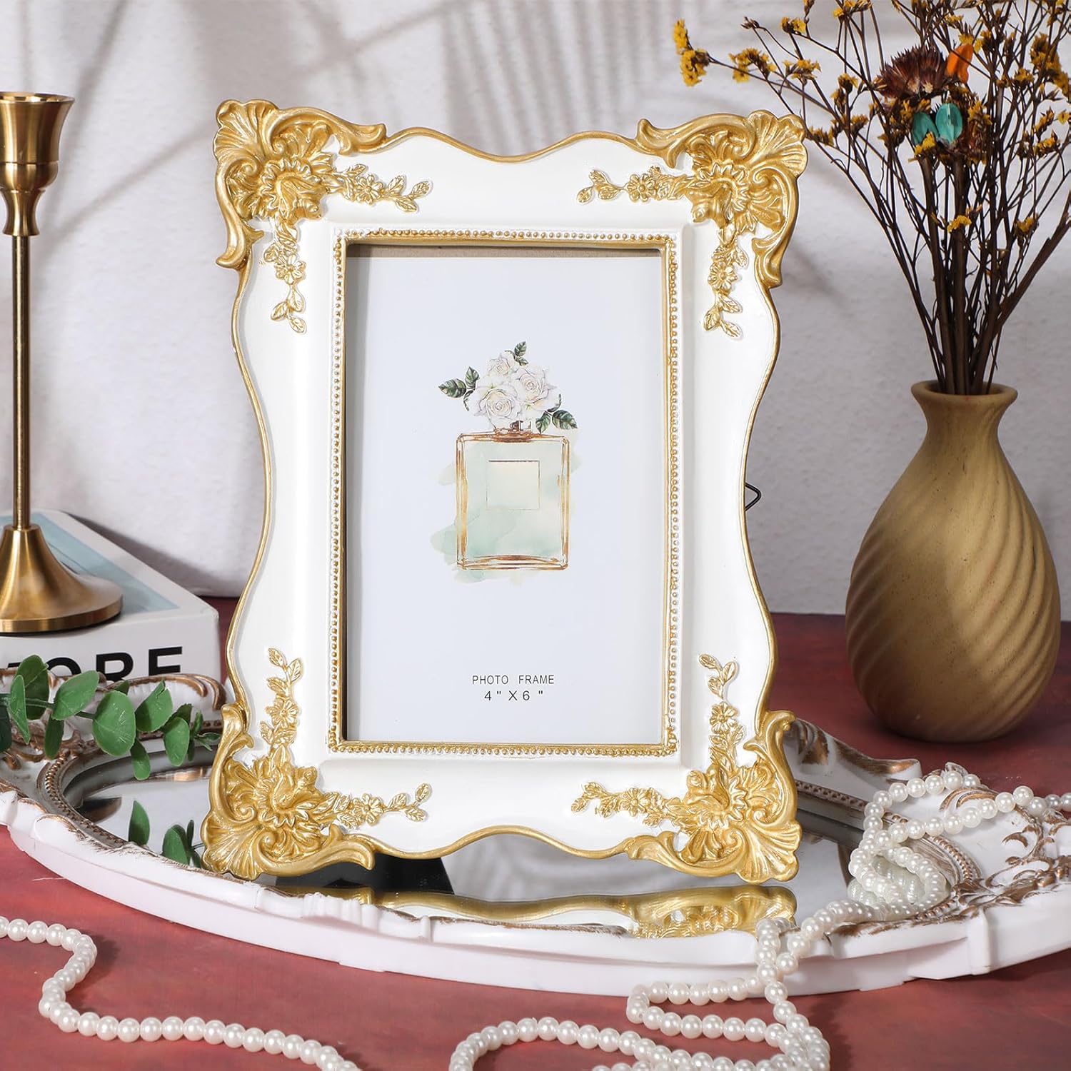 3 Pcs Vintage Gold Trim Photo Frames with Easel and Hooks