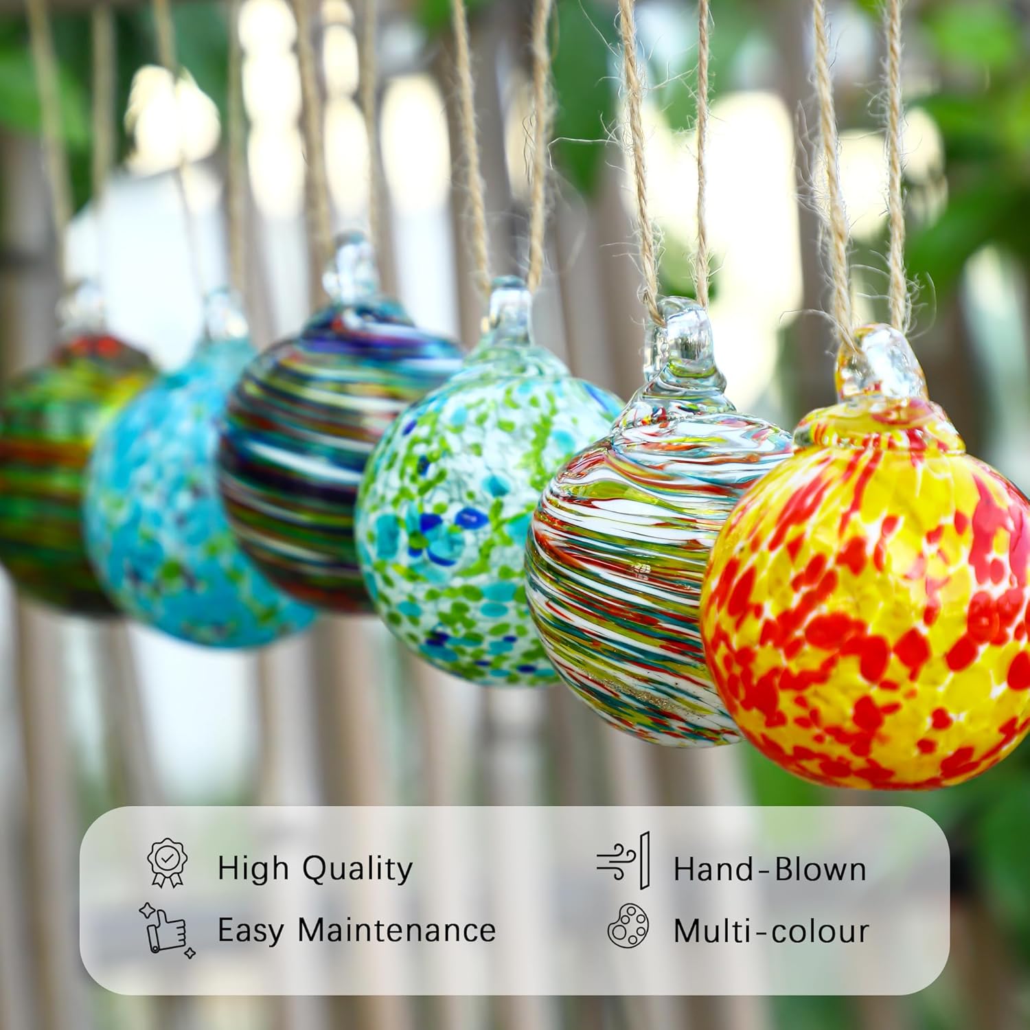 Set of 6 Hand Blown Glass Christmas Ornaments for Garden Patio Window