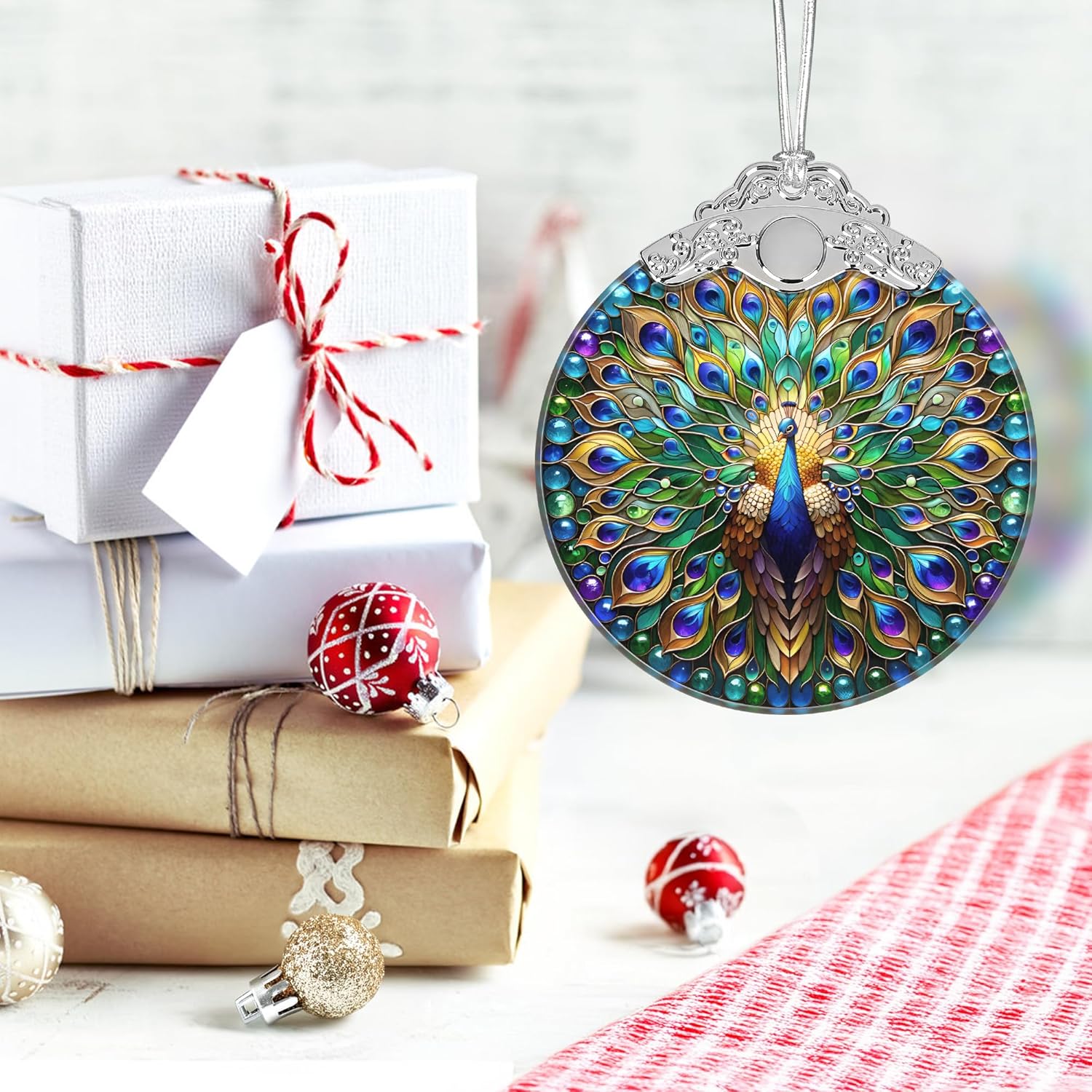 PEMIRSAYO Peacock Stained Glass Christmas Ornament