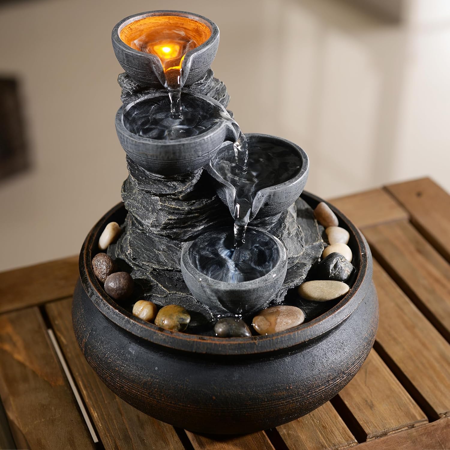 Teamson Home Indoor Tabletop Zen Waterfall Fountain with LED Lights and Pump Stone Gray