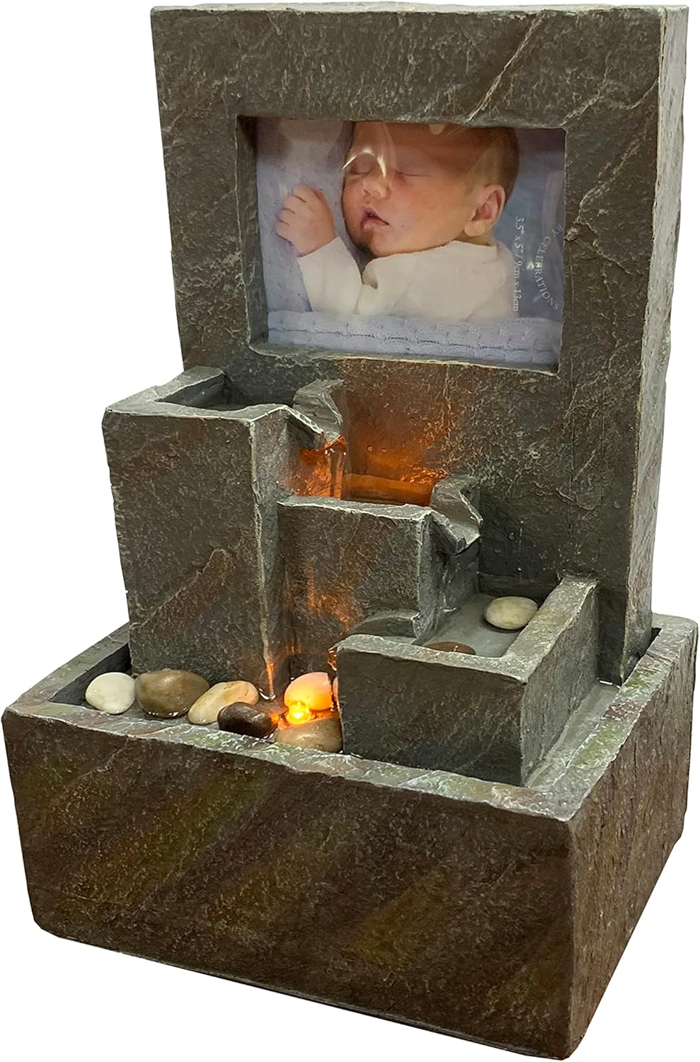 Natures Mark 11 Inch H Cascading Photo Frame Water Fountain with LED Lights and River Rocks