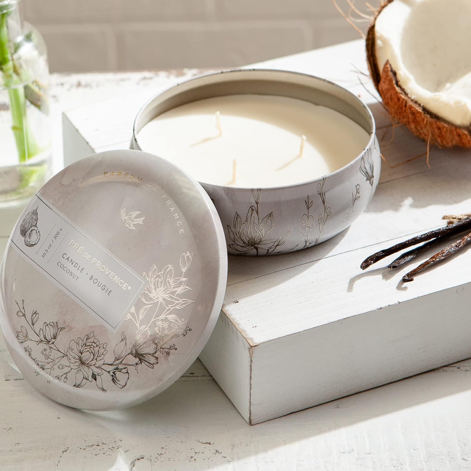Pre de Provence Heritage Home Fragrance Collection Three Wick Candle Tins 105 oz Coconut