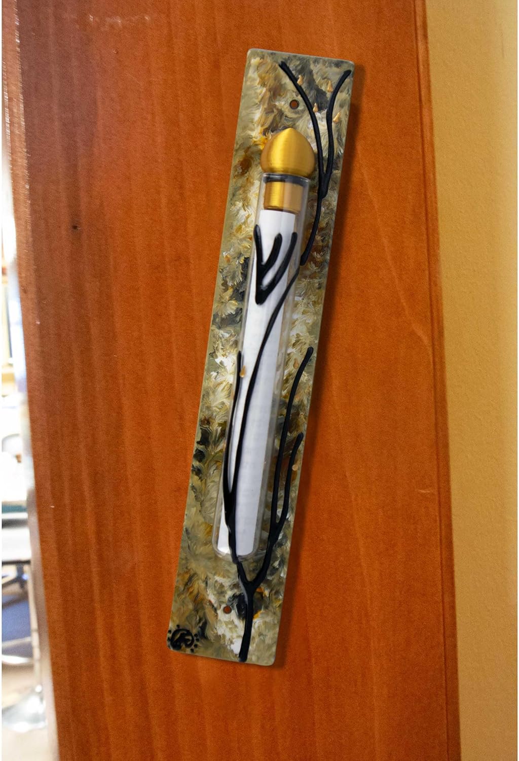 Hand Painted Mezuzah Case with Scroll 625 Inches Amber Brown Clear