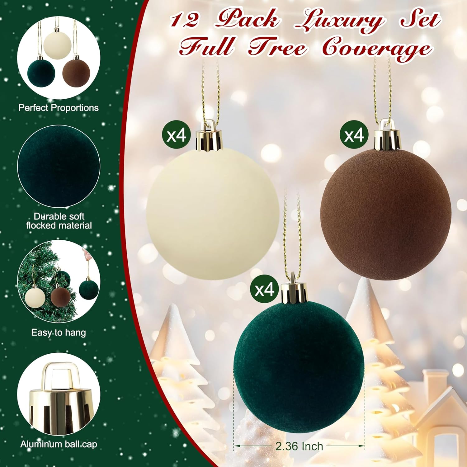 12 PCS Velvet Christmas Ornaments Balls with Shatterproof Design