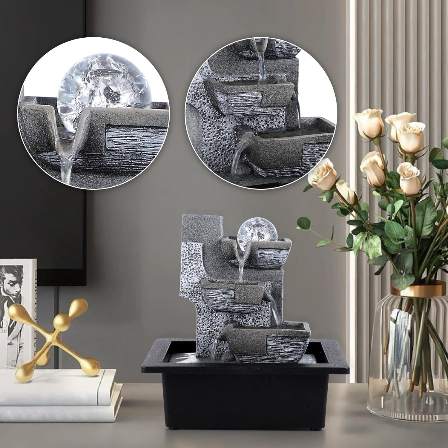 Tabletop Waterfall Indoor Fountain with LED Light 3 Tier