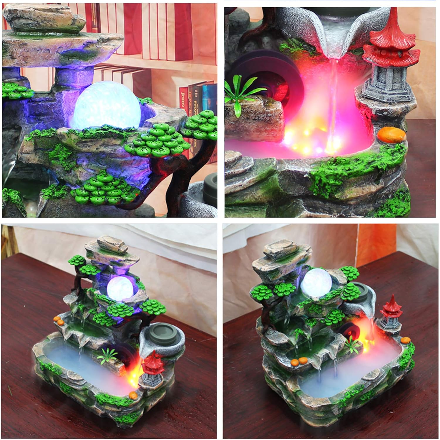 Tabletop Fountain with LED Light and Mist Resin Rockery Fountain Ornament for Home Office Decoration