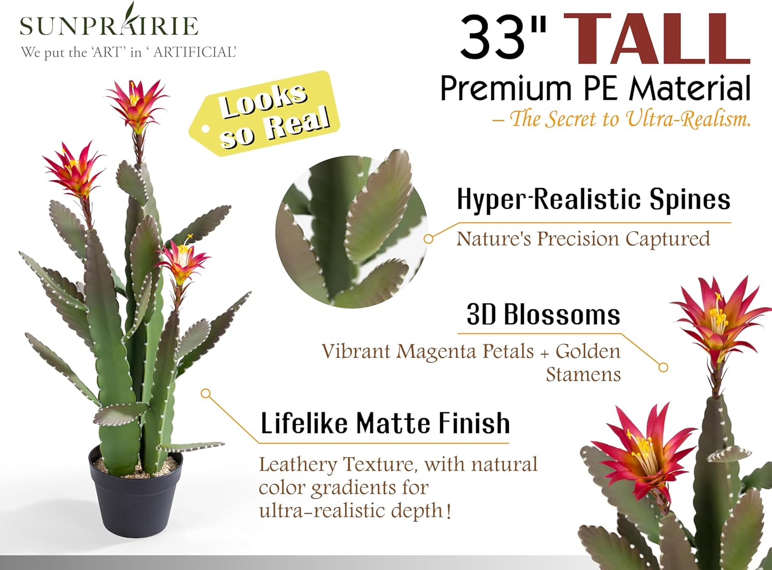 33 Inch Artificial Cactus with Magenta Flowers in Pot