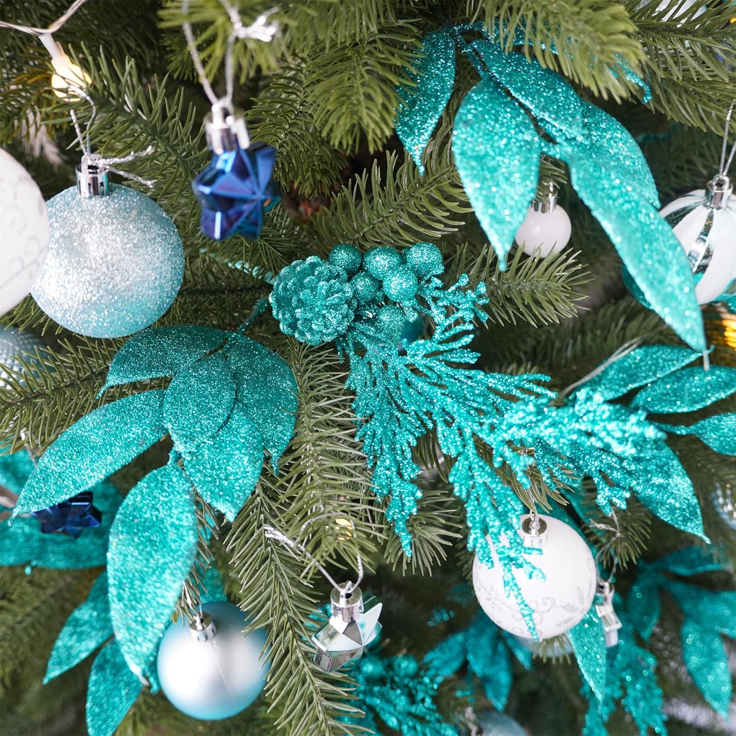 Winlyn 24 Pcs Teal Glitter Christmas Decoration Picks