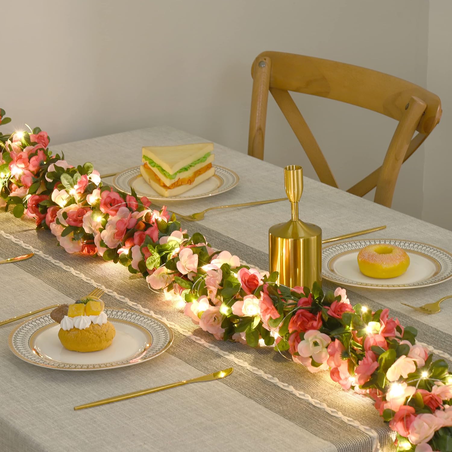 BLEUM CADE Artificial Rose Garland with String Lights 5Pcs