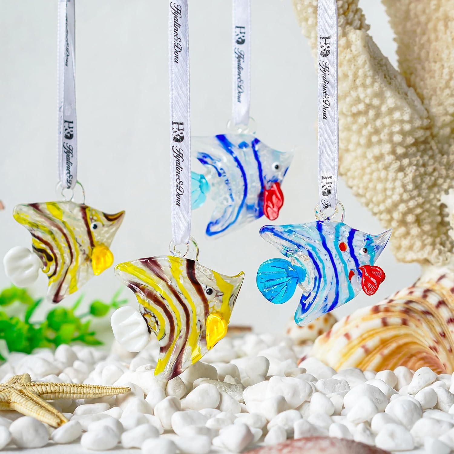 Set of 2 Blown Glass Tropical Fish Decorative Ornaments for Christmas Tree and Holiday Home Decor