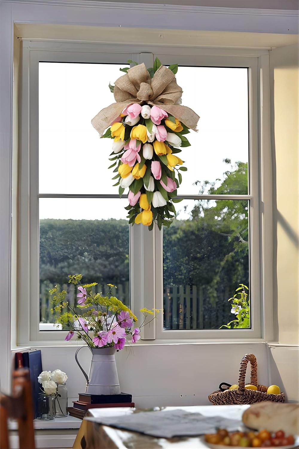 26 Inch Artificial Tulips Teardrop Swag with Burlap Bow