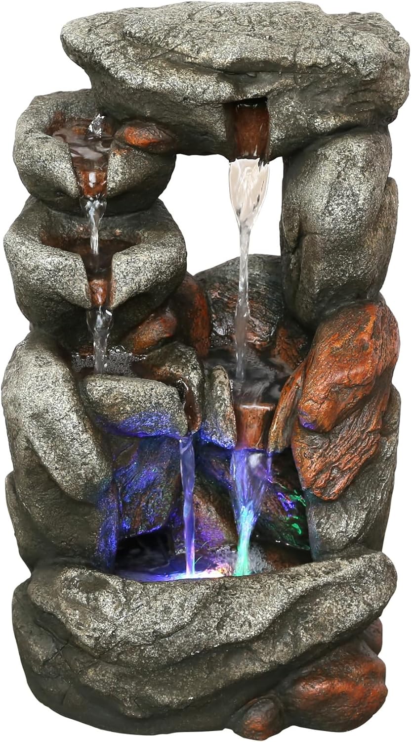 Hi-Line Gift Ltd Stone Waterfall Fountain With 4 RGB LEDs Grey