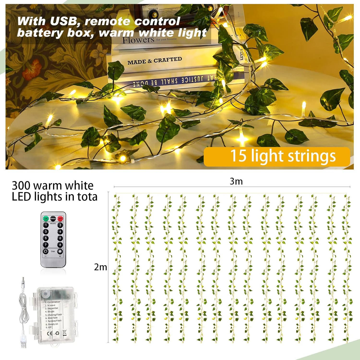 Unittype 15 Pcs LED Ivy Curtain String Light for Bedroom Decor 1