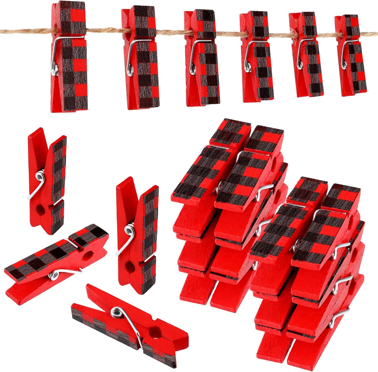 50 Pieces Christmas Photo Clips Buffalo Plaid Wooden Hanging Pegs