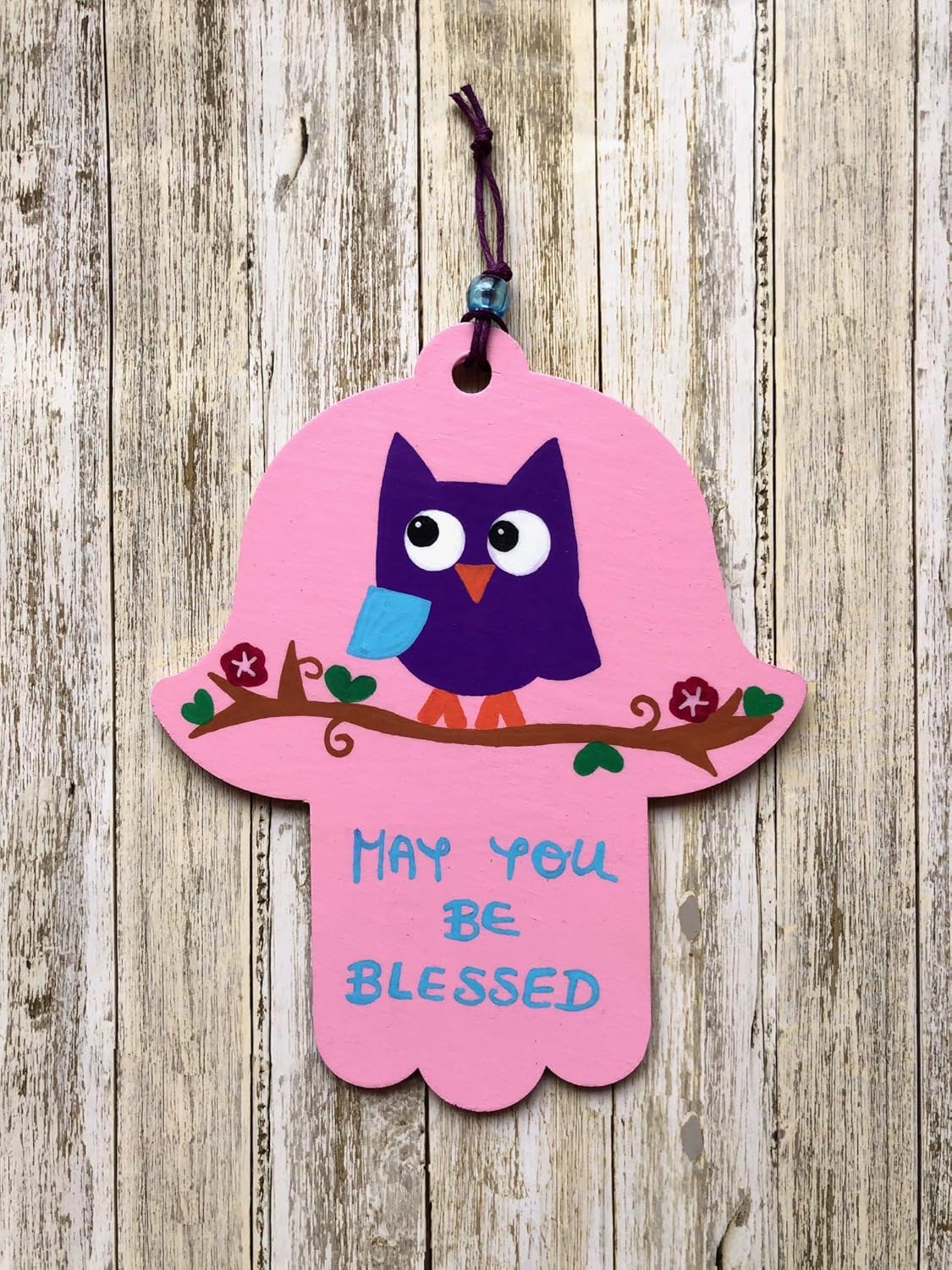 Lea Joelle Handmade Hamsa and Mezuzah Owl Blessing Pink
