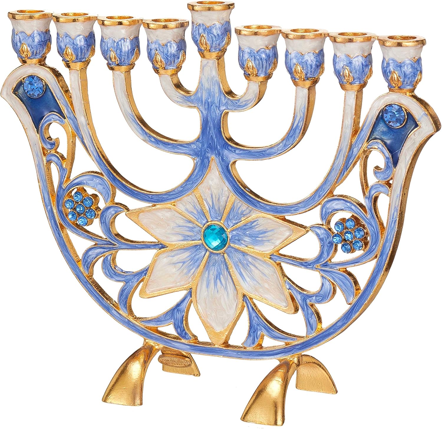 Matashi MTMNR13547 Hand Painted Ivory Menorah with Gold Accents and Blue Flowers