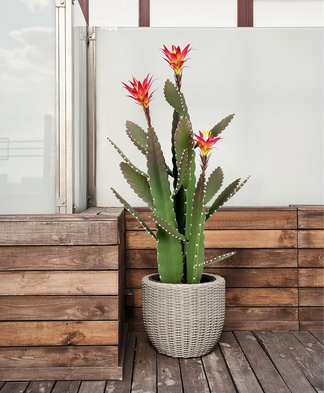 33 Inch Artificial Cactus with Magenta Flowers in Pot