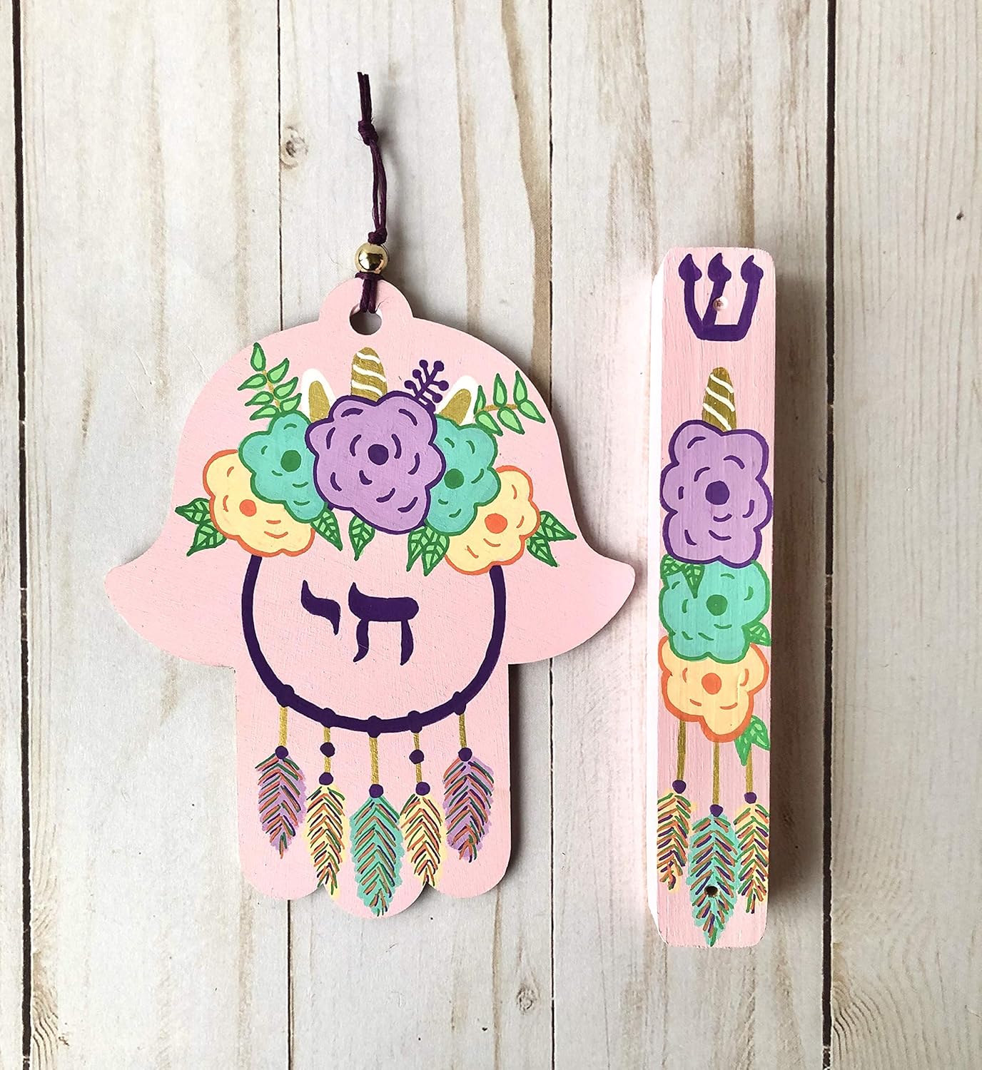 Unicorn Dream Catcher Hamsa and Mezuzah Case Light Pink