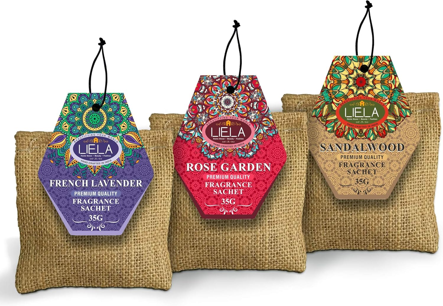 LIELA Jute Bag Natural Organic Fragrance Sachets Set of 3 Rose Sandal Lavender