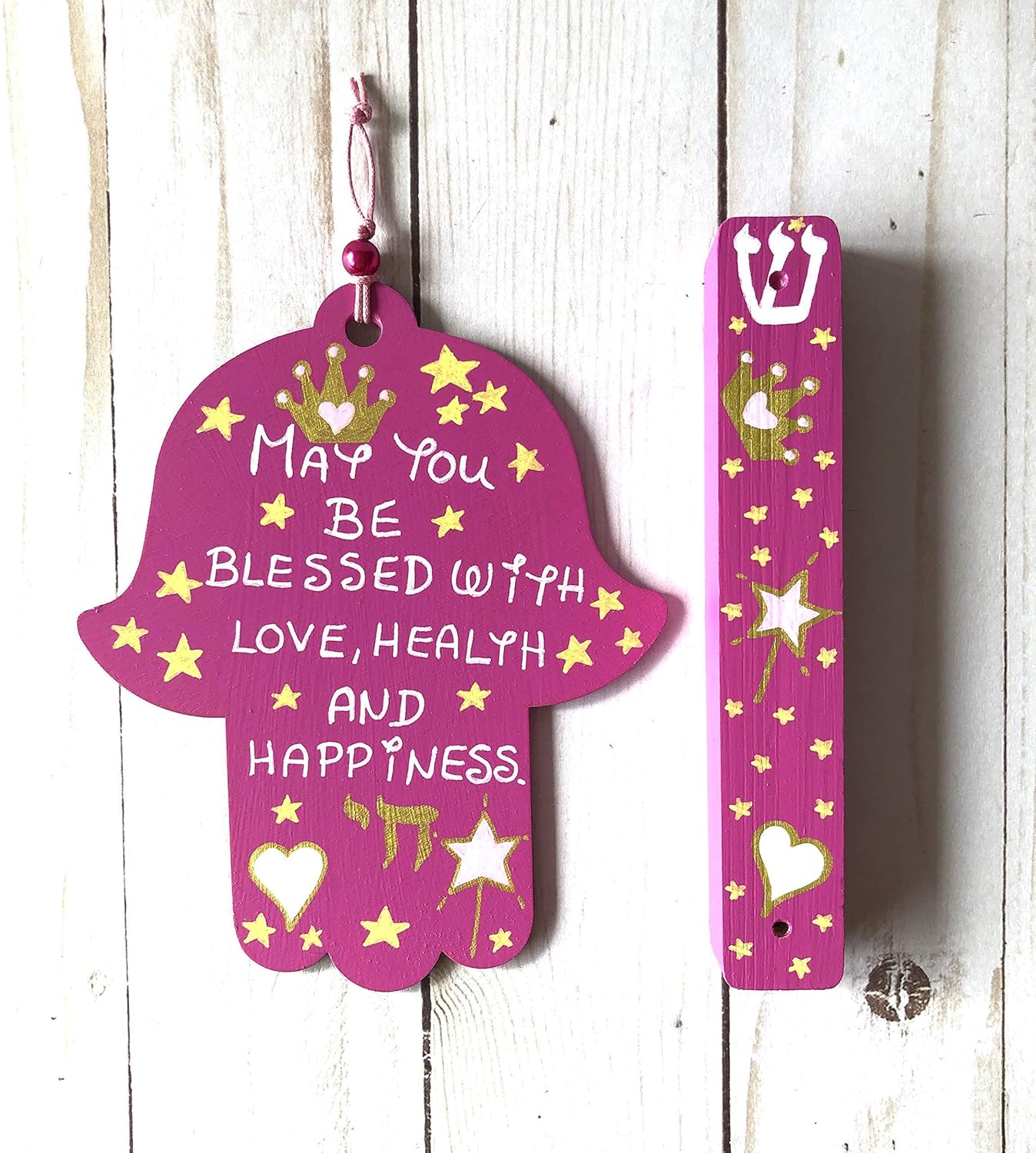 Hamsa Mezuzah Set Princess Baby Blessing Dark Pink
