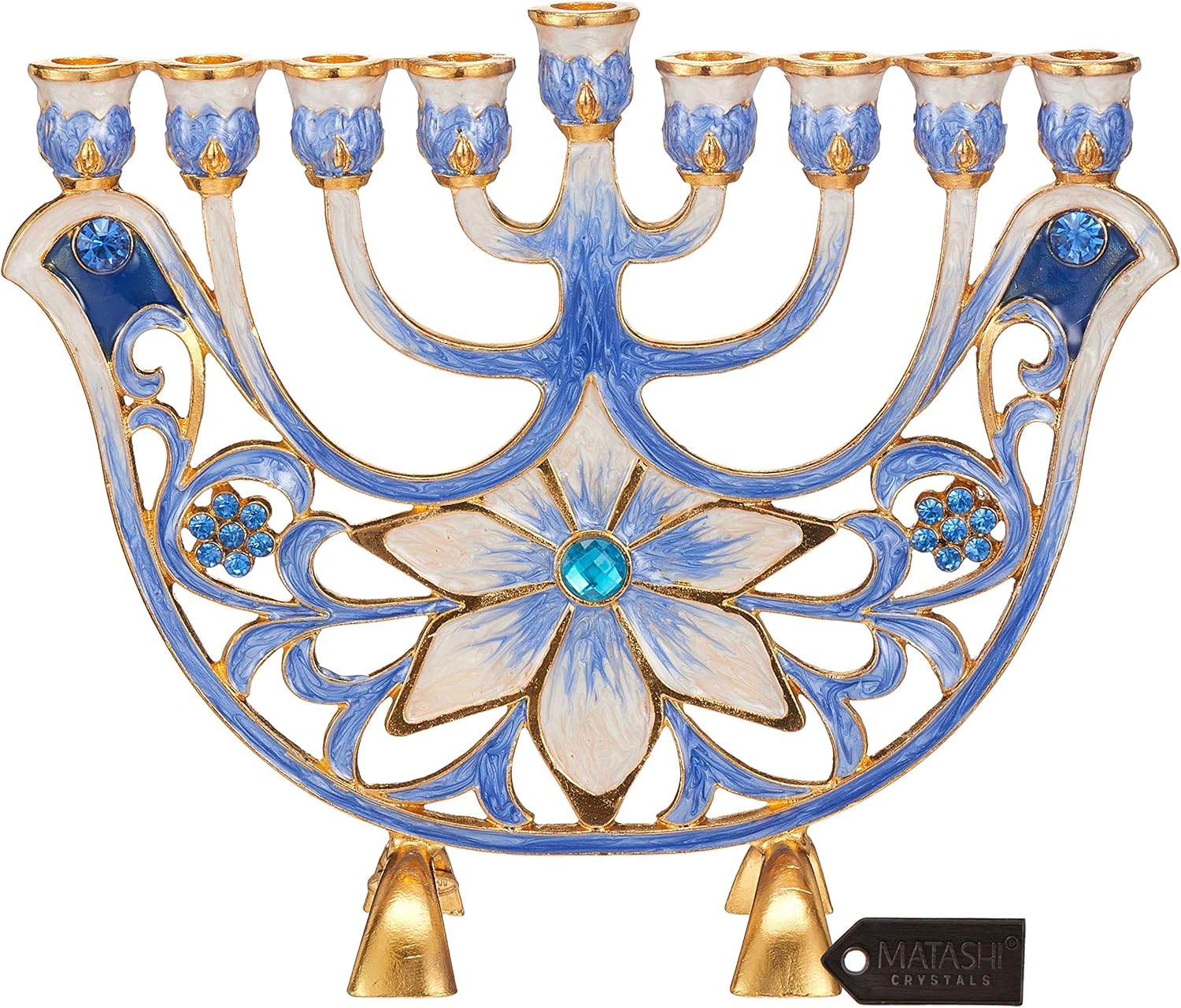 Matashi MTMNR13547 Hand Painted Ivory Menorah with Gold Accents and Blue Flowers