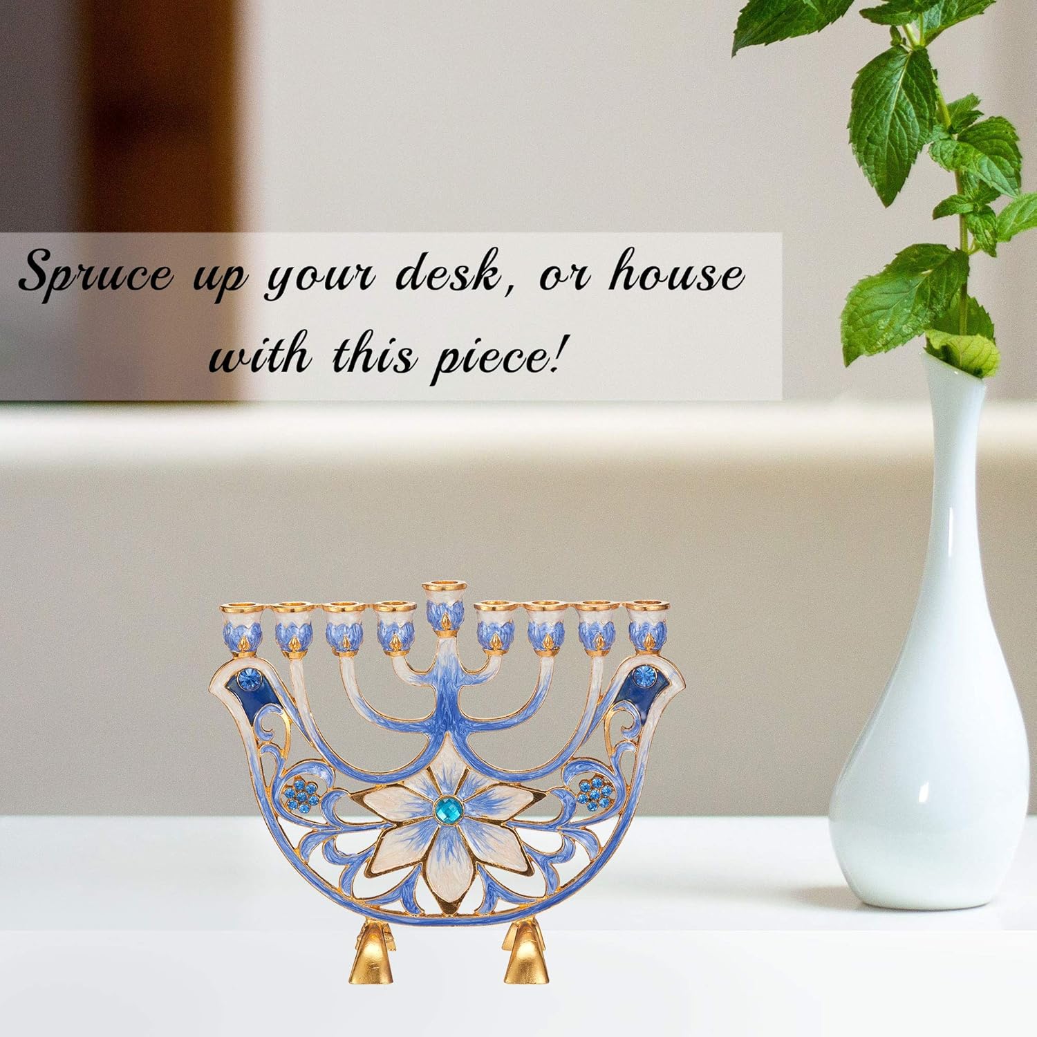 Matashi MTMNR13547 Hand Painted Ivory Menorah with Gold Accents and Blue Flowers