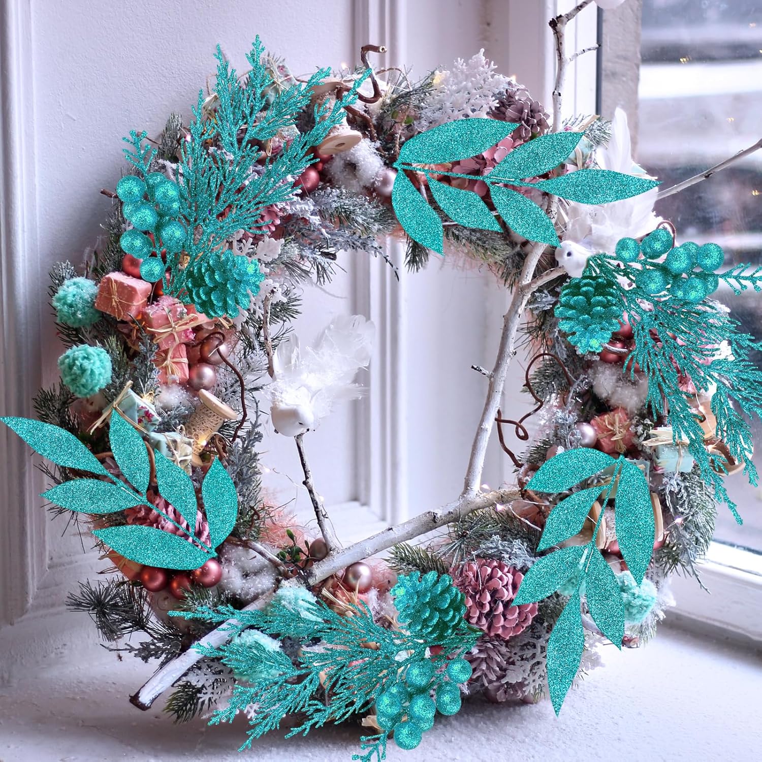 Winlyn 24 Pcs Teal Glitter Christmas Decoration Picks