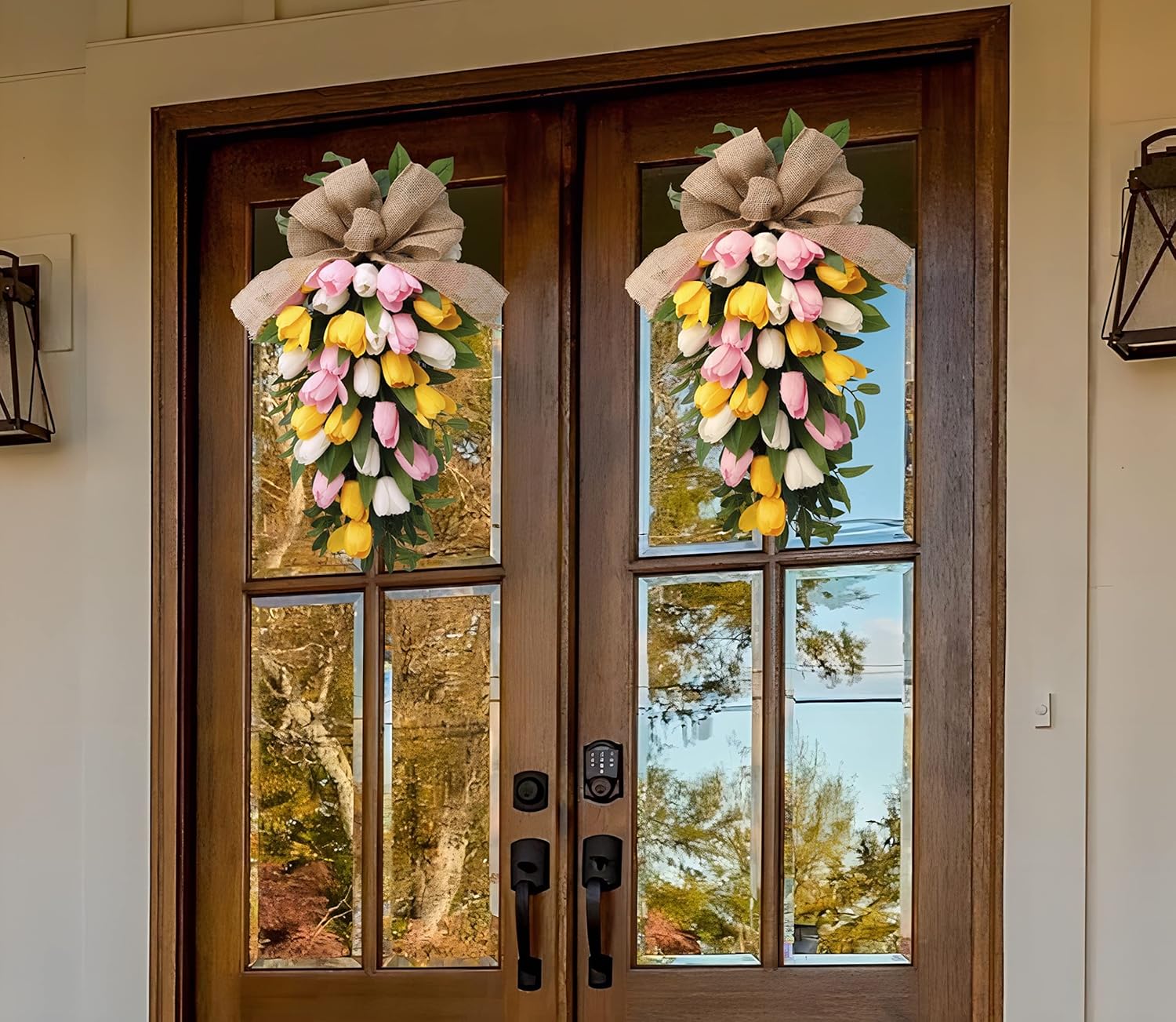 26 Inch Artificial Tulips Teardrop Swag with Burlap Bow