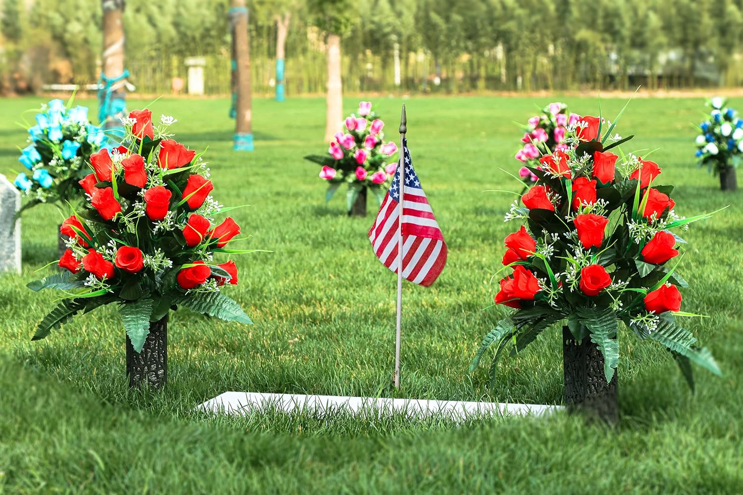 2 Sets Artificial Cemetery Flowers with Vase Red Roses Lasting Decor