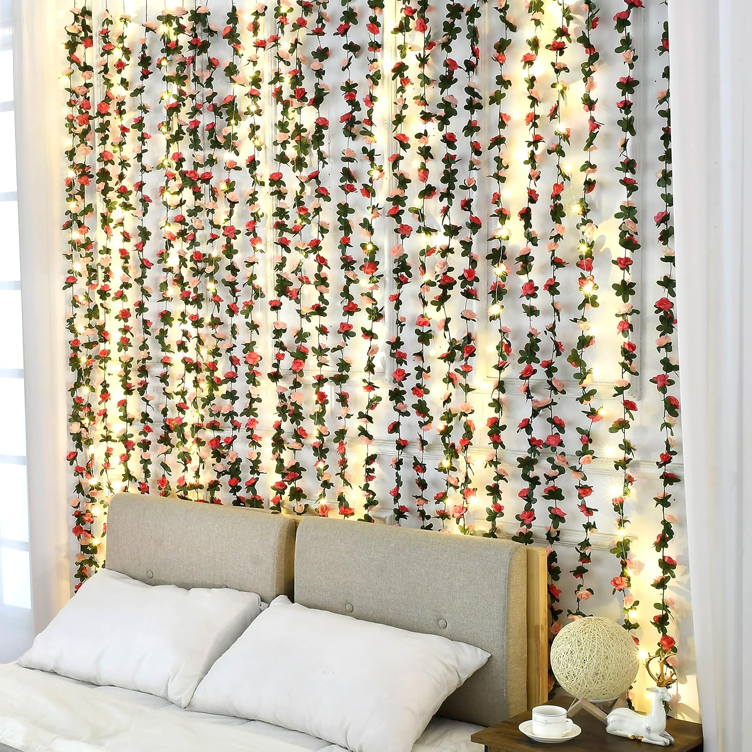 BLEUM CADE Artificial Rose Garland with String Lights 5Pcs