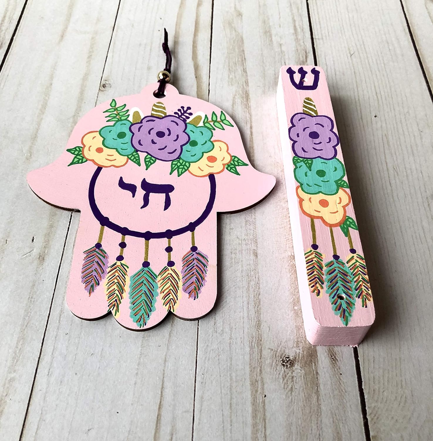 Unicorn Dream Catcher Hamsa and Mezuzah Case Light Pink