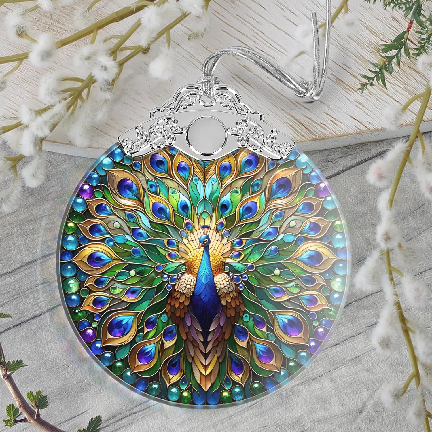 PEMIRSAYO Peacock Stained Glass Christmas Ornament