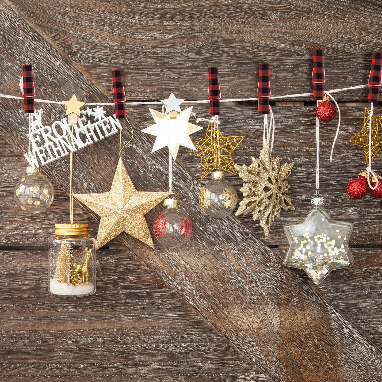 50 Pieces Christmas Photo Clips Buffalo Plaid Wooden Hanging Pegs