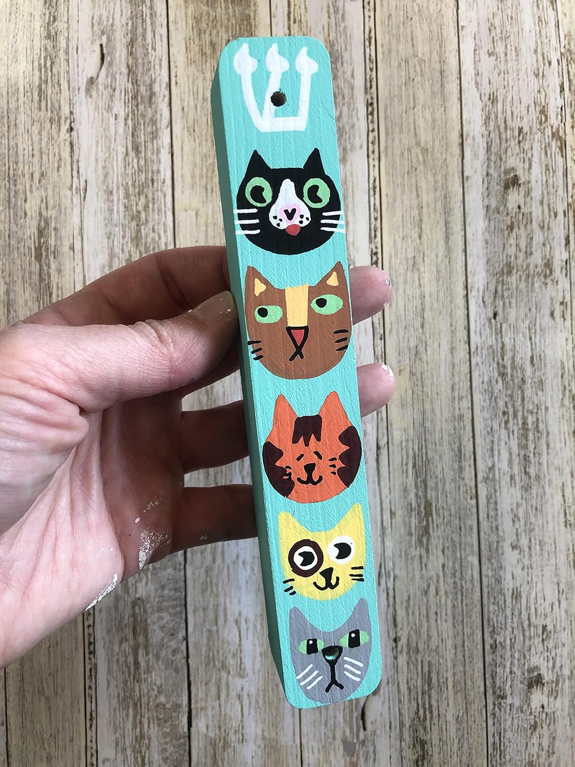 Cat Mezuzah Scroll Case Kids Room Decor Hand Painted Wood Teal With Kosher Scroll