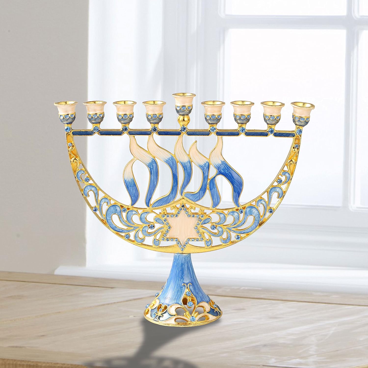 Matashi Hand Painted Enamel Menorah with Star of David and Hanukkah Design