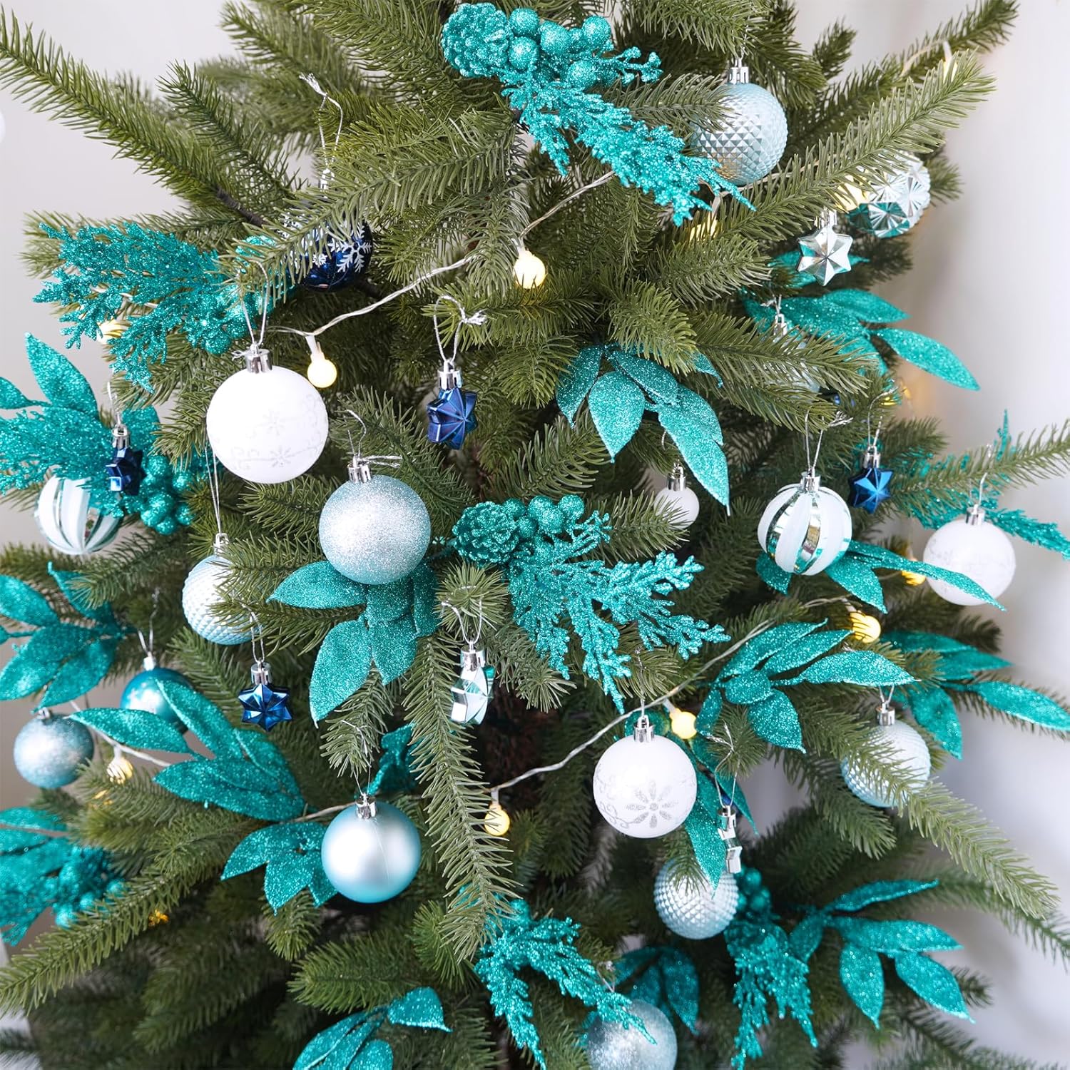 Winlyn 24 Pcs Teal Glitter Christmas Decoration Picks