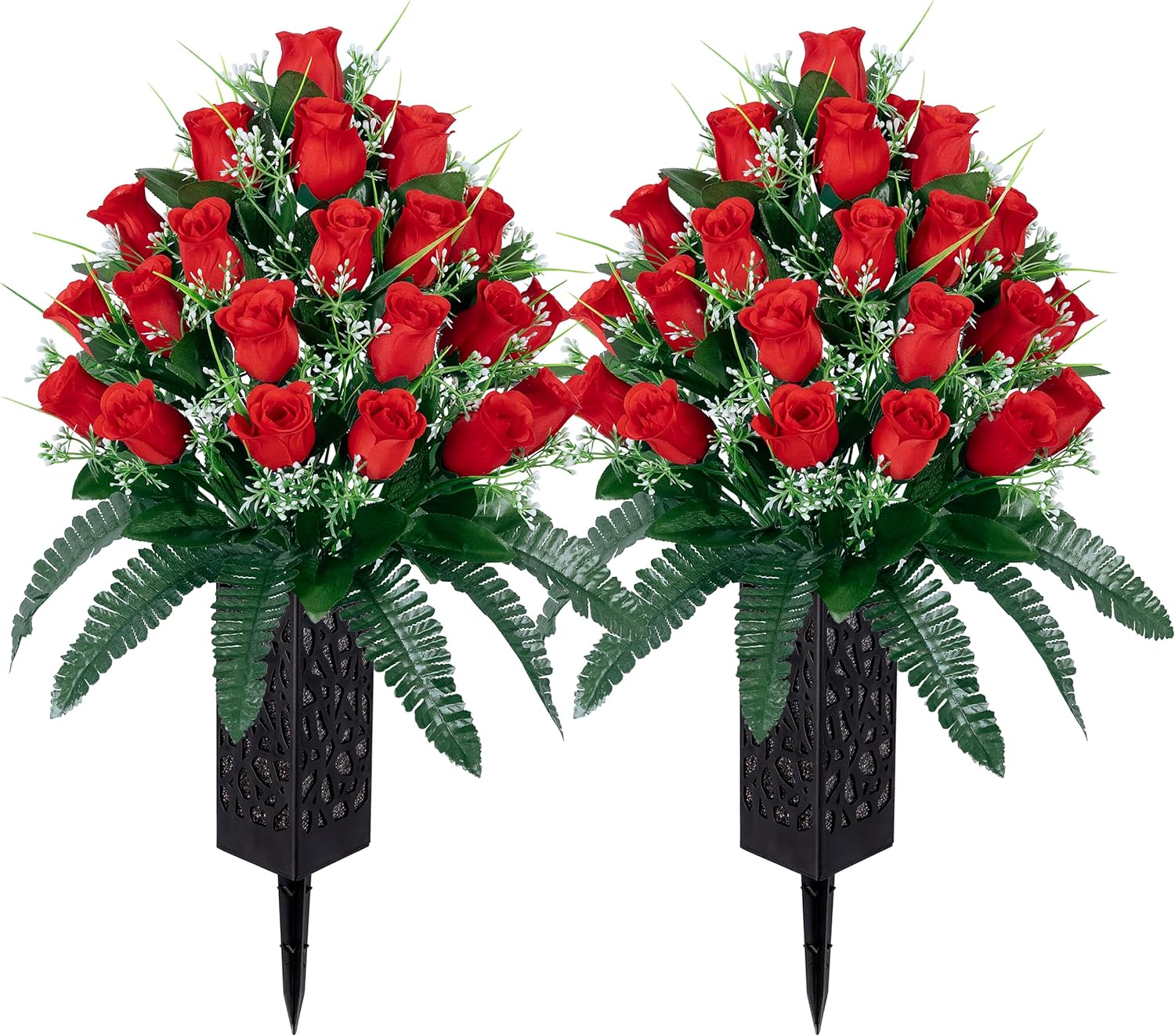 2 Sets Artificial Cemetery Flowers with Vase Red Roses Lasting Decor