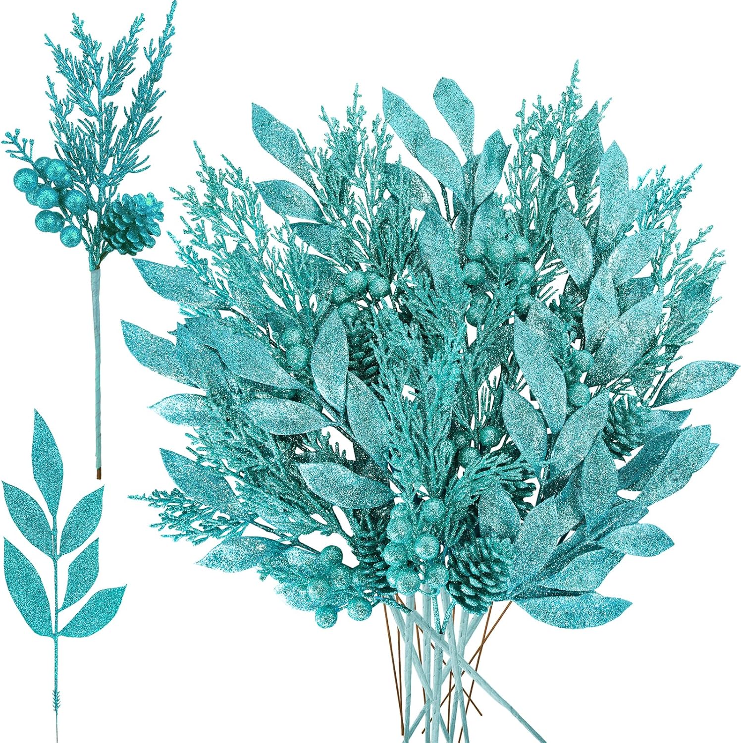 Winlyn 24 Pcs Teal Glitter Christmas Decoration Picks