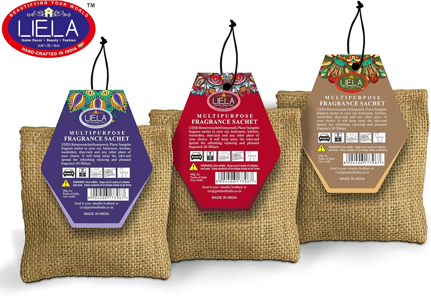 LIELA Jute Bag Natural Organic Fragrance Sachets Set of 3 Rose Sandal Lavender
