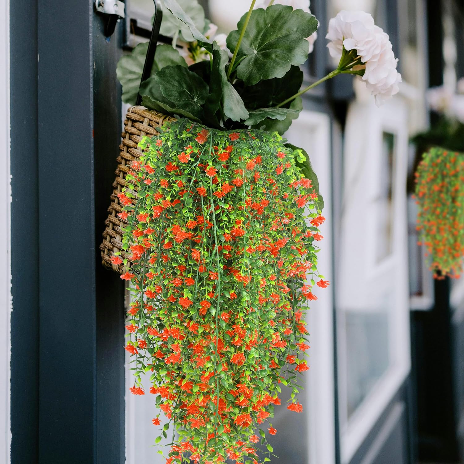 Artificial Wall Hanging Flowers UV Resistant 4 Bundles Orange Green