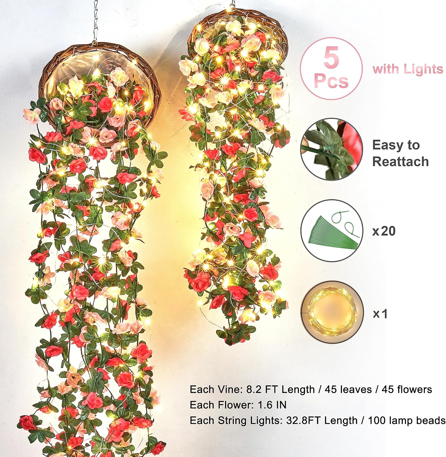 BLEUM CADE Artificial Rose Garland with String Lights 5Pcs
