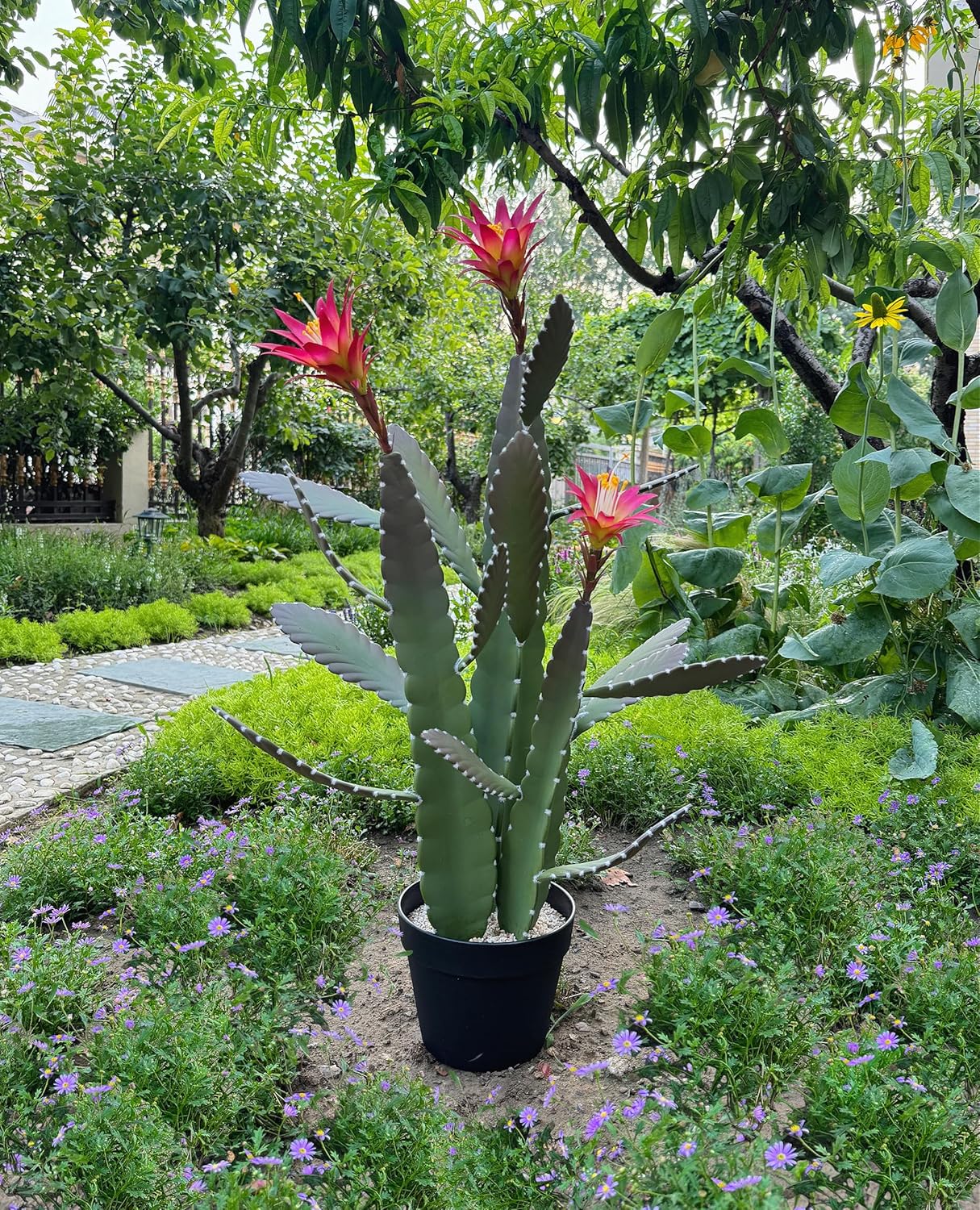 33 Inch Artificial Cactus with Magenta Flowers in Pot