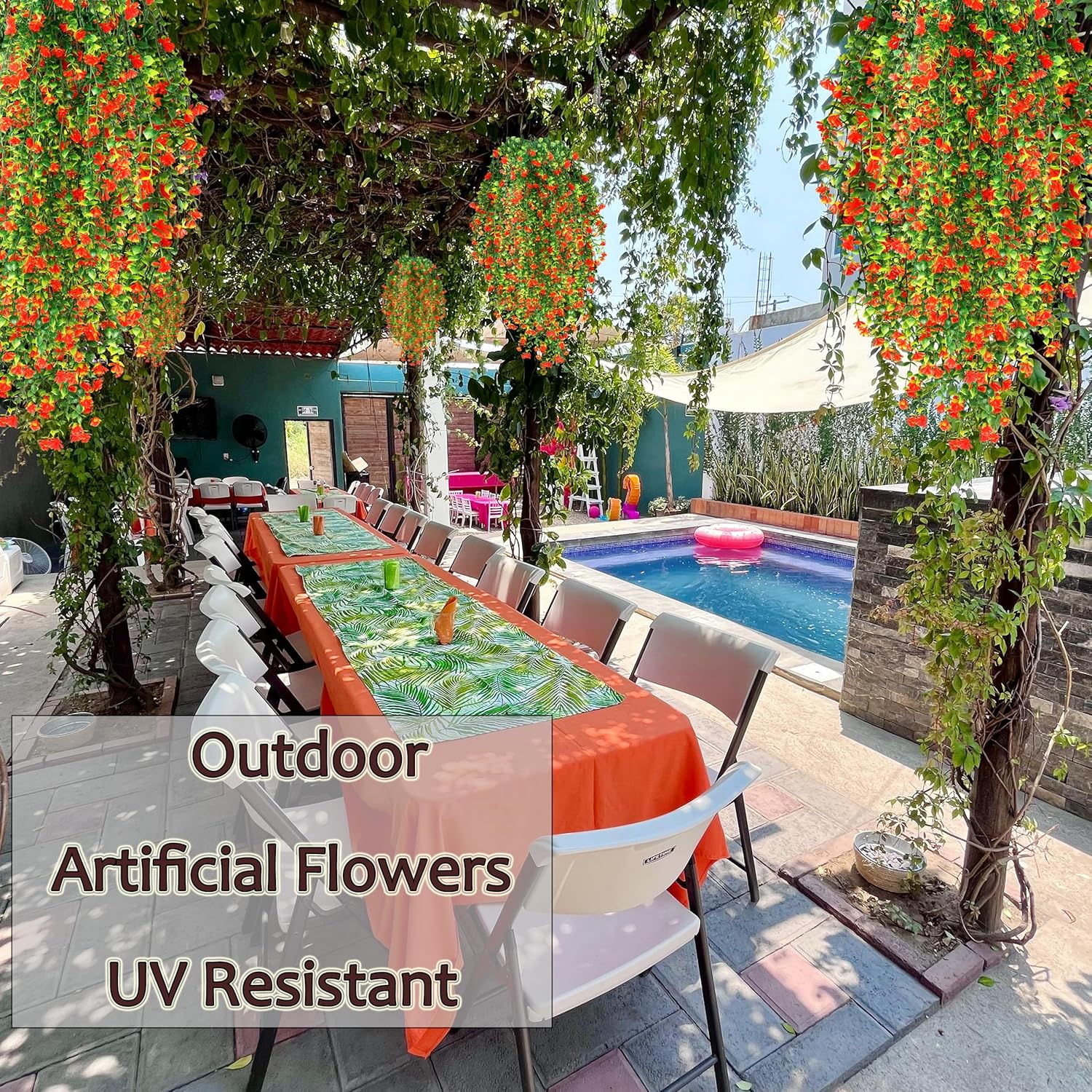 Artificial Wall Hanging Flowers UV Resistant 4 Bundles Orange Green
